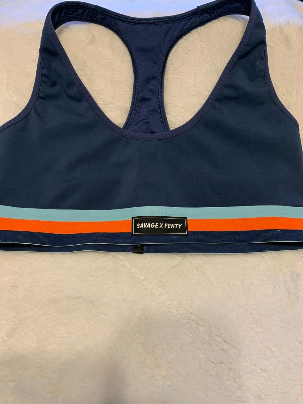 Savage X Fenty Navy Sports Bra with Aqua and Orange Stripe Band